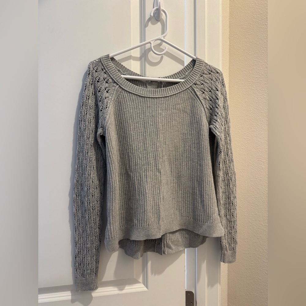 LOFT Gray Crew Neck Sweater with knitted Sleeves